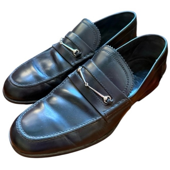 GUCCI 286771 Men’s Black Leather Silver Horsebit Slip On Loafers 7 Made in Italy - Picture 1 of 11